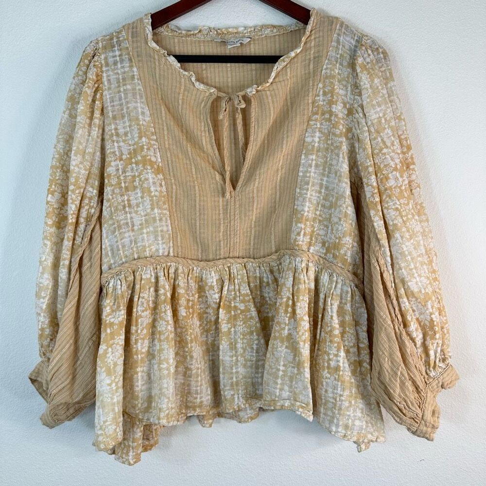 American Eagle Gauzy Cotton Boho Yellow Peasant Top Womens Large Cottagecore